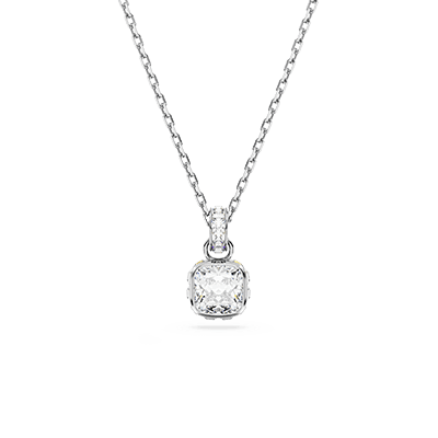 Birthstone pendant, Square cut, April, White, Rhodium plated