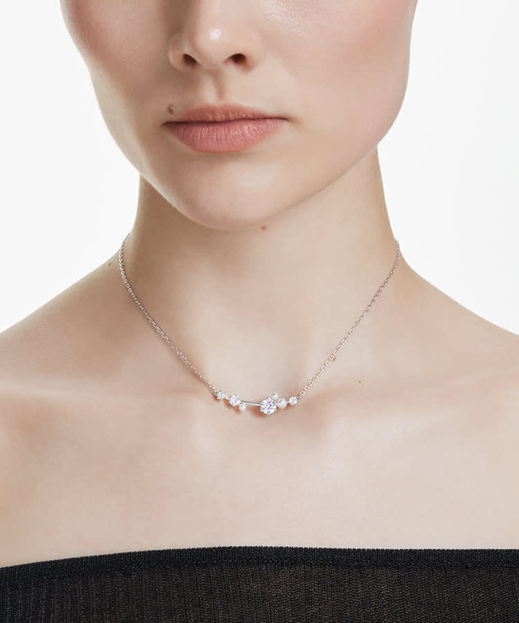Constella necklace, Crystal pearl, Round cuts, White, Rhodium plated