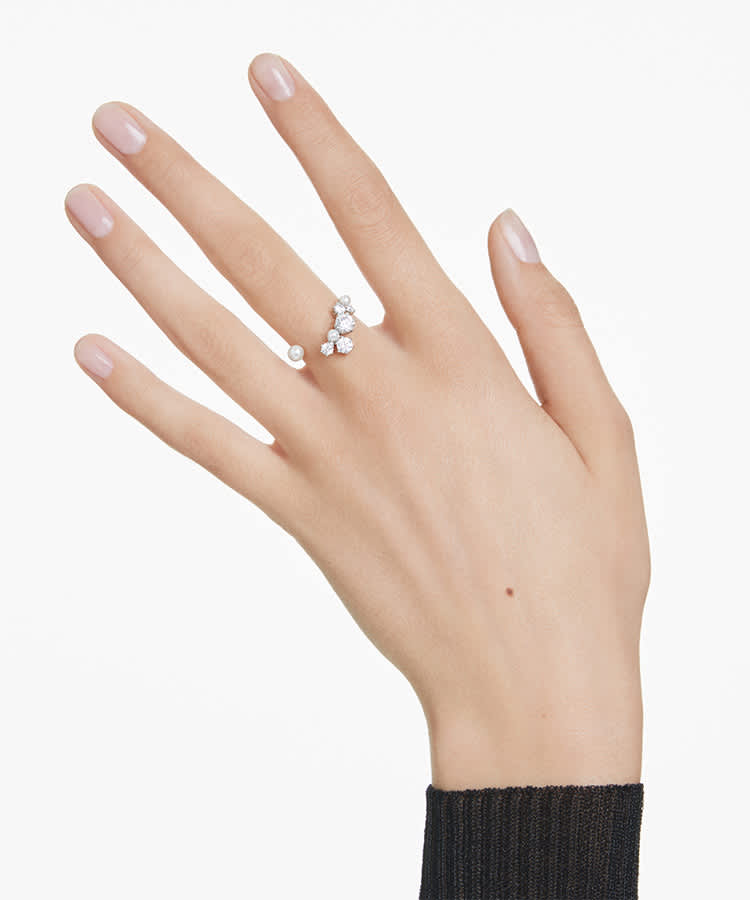 Constella open ring, Crystal pearl, Round cuts, White, Rhodium plated