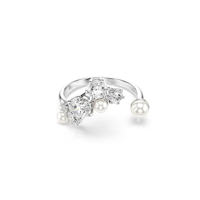 Constella open ring, Crystal pearl, Round cuts, White, Rhodium plated