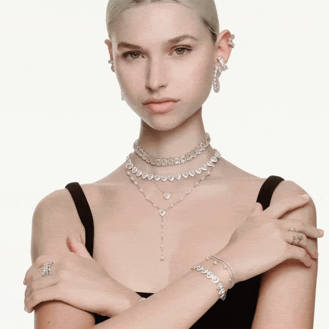 Model wearing Swarovski Constella and Swarovski Matrix