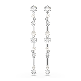 Constella drop earrings, Crystal pearl, Round cuts, White, Rhodium plated