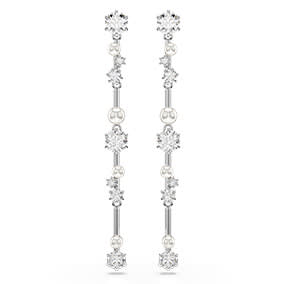 Visací náušnice Constella, Křišťálová perla, kulaté výbrusy, bílá, pokoveno rhodiem