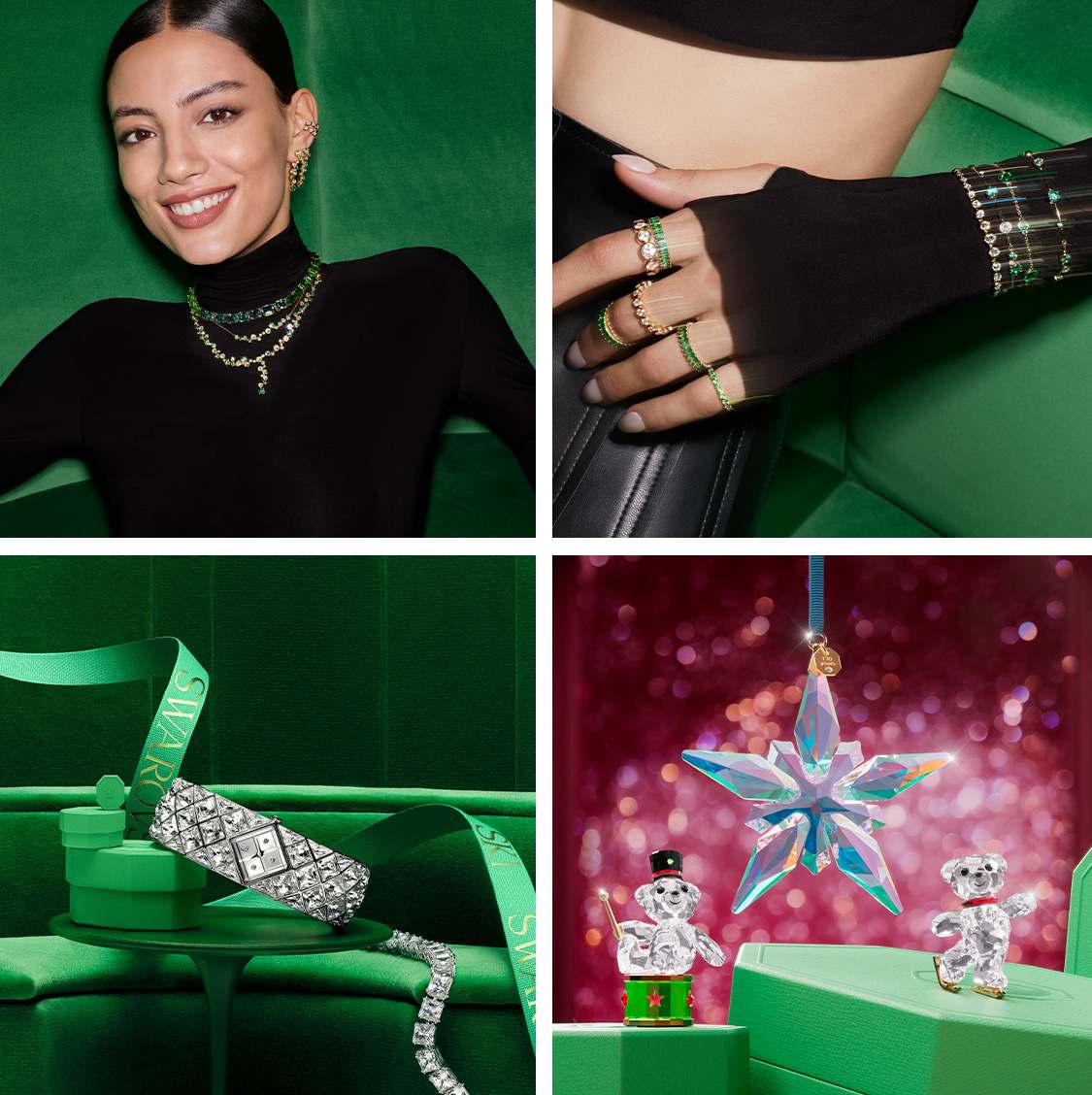 Modelky ozdobené šperky Swarovski na zelených pozadích, hodinky Curiosa bangle od Swarovski, Annual Edition Ozdoba 2025 od Swarovski and Medvídek Kris vánoční, Výroční edice 2025