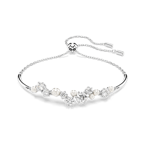 Constella bangle, crystal pearl, round cuts, white, rhodium plated