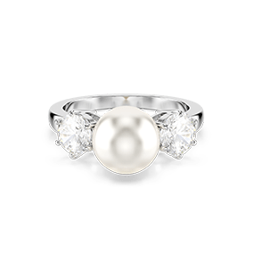 Matrix cocktail ring, crystal pearl, round cut, white, rhodium plated