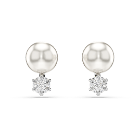 Matrix stud earrings, crystal pearl, round cut, white, rhodium plated