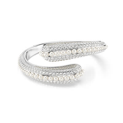 Sublima cuff, Crystal pearl, Round cut, White, Rhodium plated