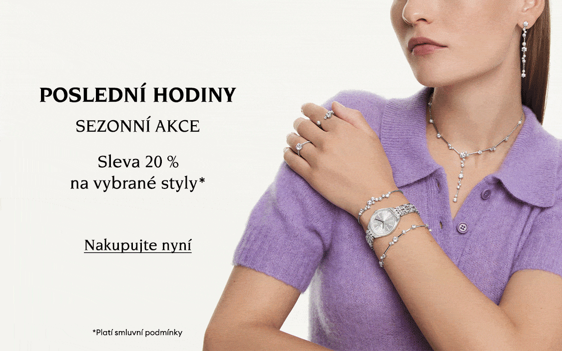 Modelka ozdobená šperky Swarovski. Text: „POSLEDNÍ HODINY. SEZONNÍ AKCE, sleva 20 % na vybrané styly*”. Tlačítko ke kliknutí s nápisem „Nakupujte nyní“. Konečný text obrázku zní „Platí smluvní podmínky“