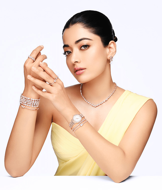 Rashmika Mandanna wearing Swarovski Mesmera and Imber jewellery