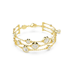 Imber wide bracelet, Round cut, White, Gold-tone plated