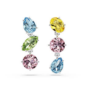 Visací náušnice Gema, asymetrický design, různé výbrusy, vícebarevné, pokoveno rhodiem