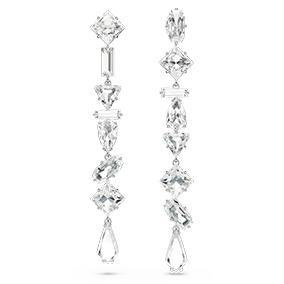 Mesmera drop earrings, Asymmetrical design, Mixed cuts, Long, White, Rhodium plated