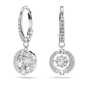 Una drop earrings, Round cut, White, Rhodium plated