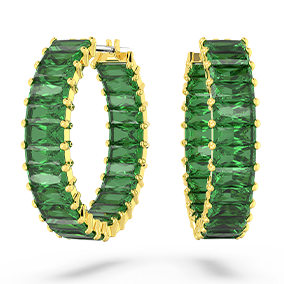 Matrix hoop earrings, Baguette cut, Green, Gold-tone plated