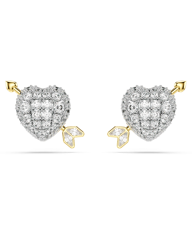 Kolczyki zapinane na sztyft Idyllia, Szlify różnorodne, Serce ze strzałą, Biały, Wykończenie z różnobarwnych metali