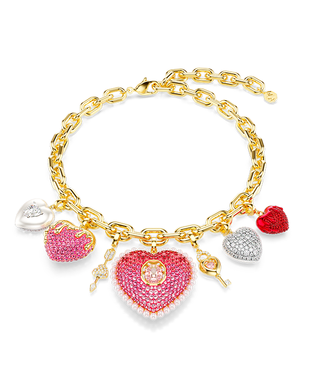 Náhrdelník Idyllia, různé výbrusy, srdce, klíč, vícebarevný, pokoveno ve zlatém odstínu