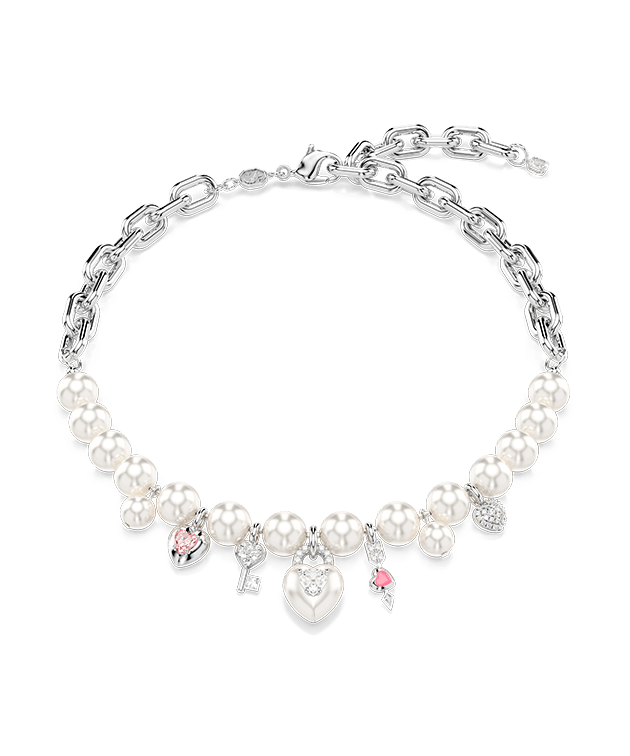 Náhrdelník Idyllia, Křišťálová perla, různé výbrusy, bílá, pokoveno rhodiem