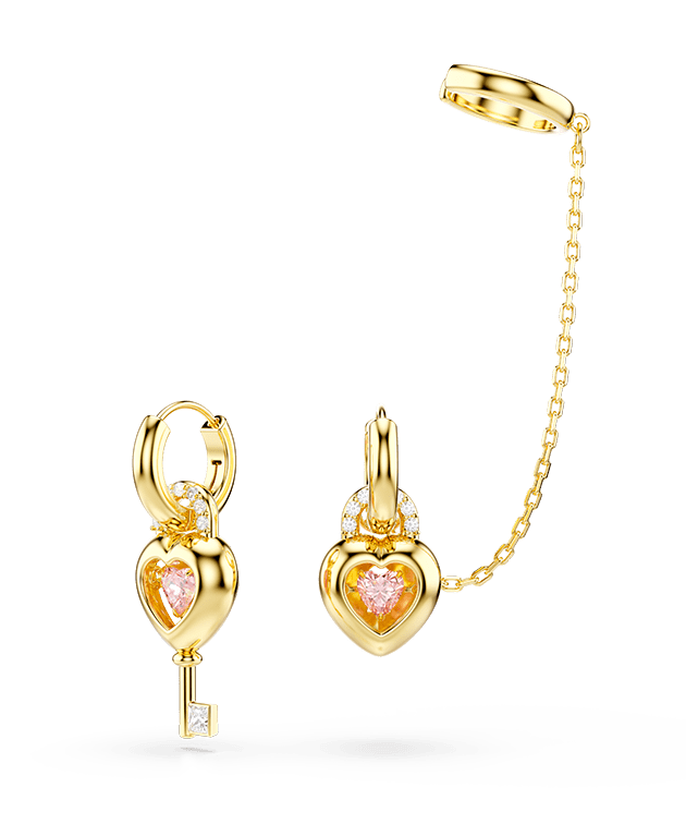 Visací náušnice Idyllia s ozdobou ucha, různé výbrusy, srdce s klíčem, růžová, pokoveno ve zlatém odstínu