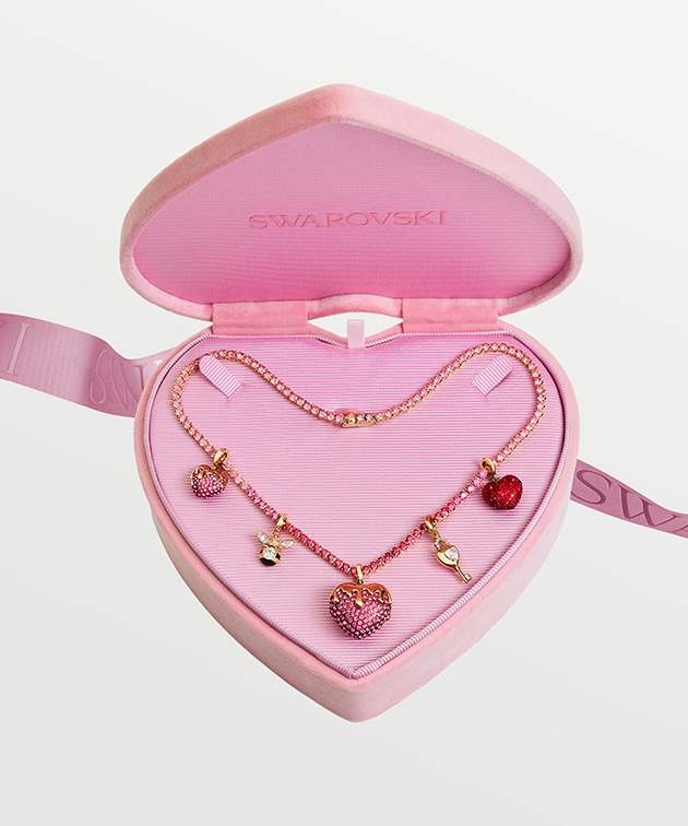 Swarovski pink velvet heart-shaped box with Swarovski Charms inside