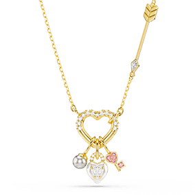 Přívěsek Idyllia, různé výbrusy, srdce, klíč, růžová, pokoveno ve zlatém odstínu