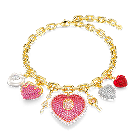 Náhrdelník Idyllia, různé výbrusy, srdce, klíč, vícebarevný, pokoveno ve zlatém odstínu