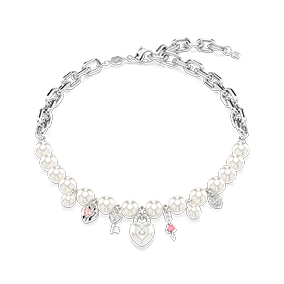 Náhrdelník Idyllia, Křišťálová perla, různé výbrusy, bílá, pokoveno rhodiem