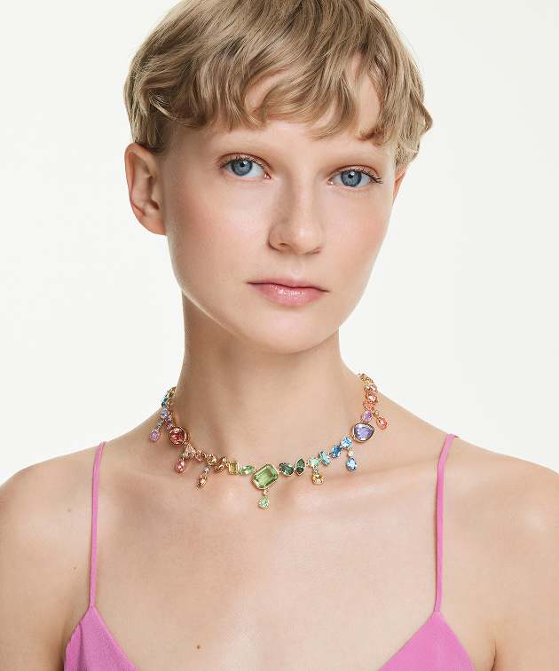 Gema necklace, Mixed cuts, Dangling crystals, Multicoloured, Gold-tone plated