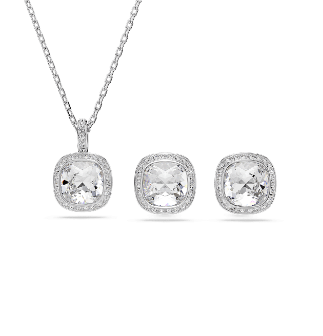 Una Angelic set, Cushion cut, White, Rhodium plated
