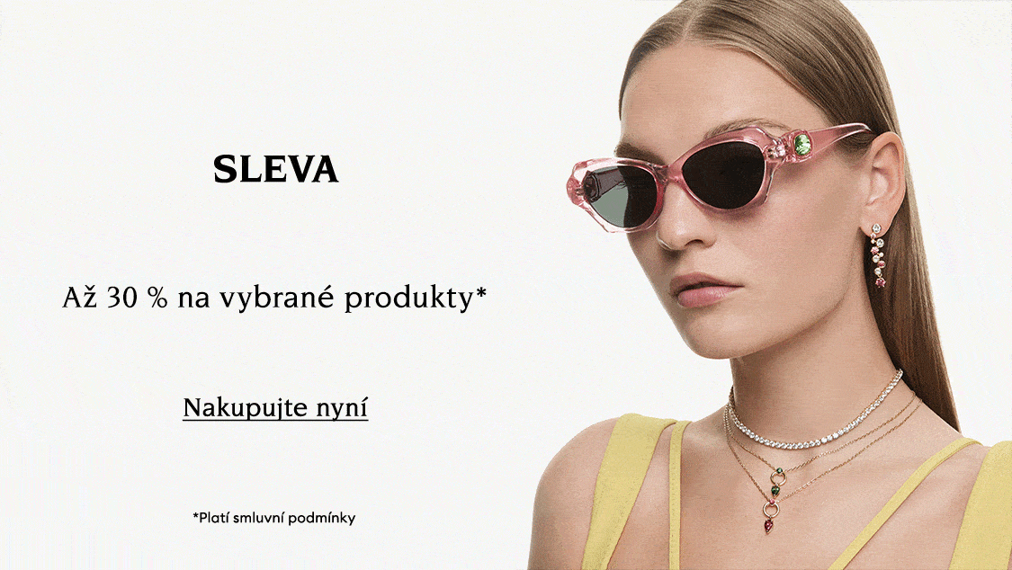 Modelka ozdobená šperky Swarovski. Text: „SLEVA PŘEDNOSTNÍ PŘÍSTUP Až 30 % na vybrané produkty* *Platí smluvní podmínky”. Tlačítko ke kliknutí s nápisem „Nakupujte nyní“