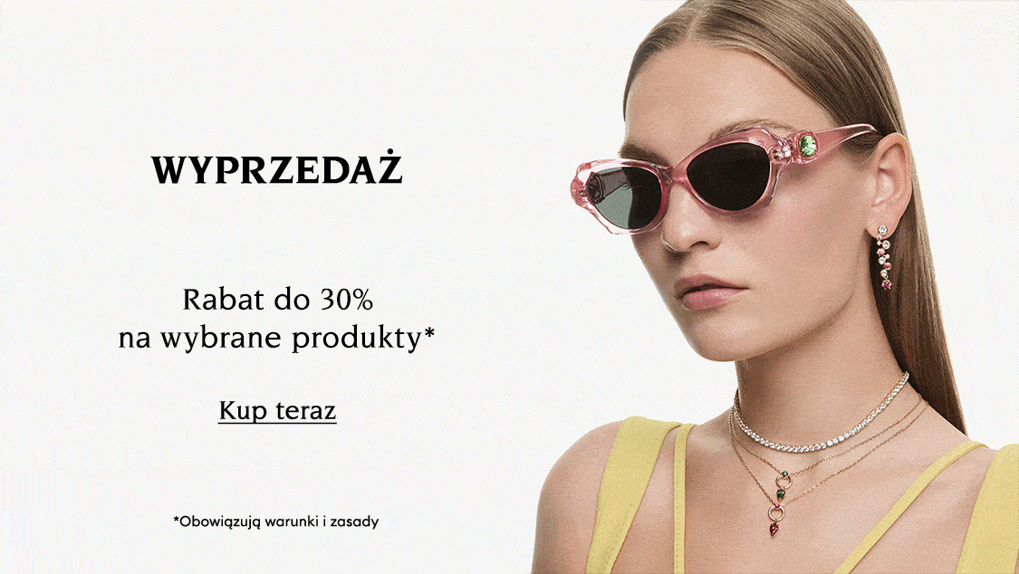 Modelka w biżuterii Swarovski. Napis brzmi: &bdquo;WYPRZEDAŻ WCZEŚNIEJSZY DOSTĘP Rabat do 30% na wybrane produkty* *Obowiązują warunki i zasady&rdquo;. Napis na przycisku brzmi: &bdquo;Kup teraz&rdquo;