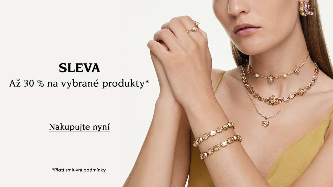 Modelka ozdobená šperky Swarovski. Text: „SLEVY Až 30 % na vybrané produkty* *Platí smluvní podmínky”. Tlačítko ke kliknutí s nápisem „Nakupujte nyní“