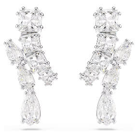 Matrix drop earrings, Mixed cuts, White, Rhodium plated