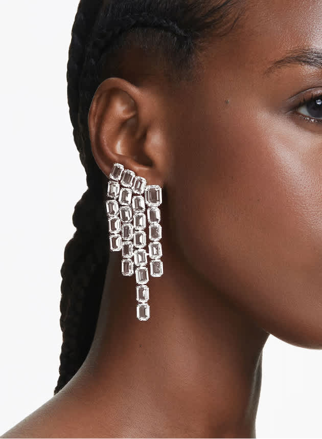 Millenia clip earrings, Octagon cut, Chandelier, White, Rhodium plated