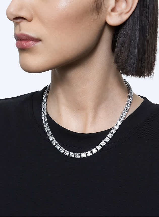 Matrix Tennis necklace, Square cut, White, Rhodium plated