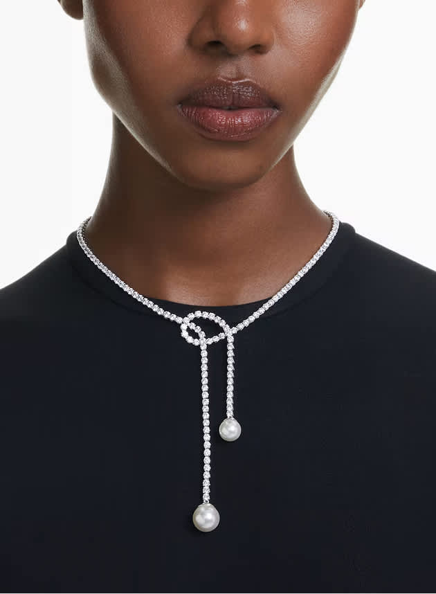 Matrix Y necklace, Crystal pearl, Round cut, White, Rhodium plated