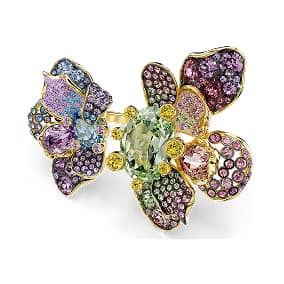Idyllia ring, Mixed cuts, Pavé, Flower, Multicoloured, Gold-tone plated