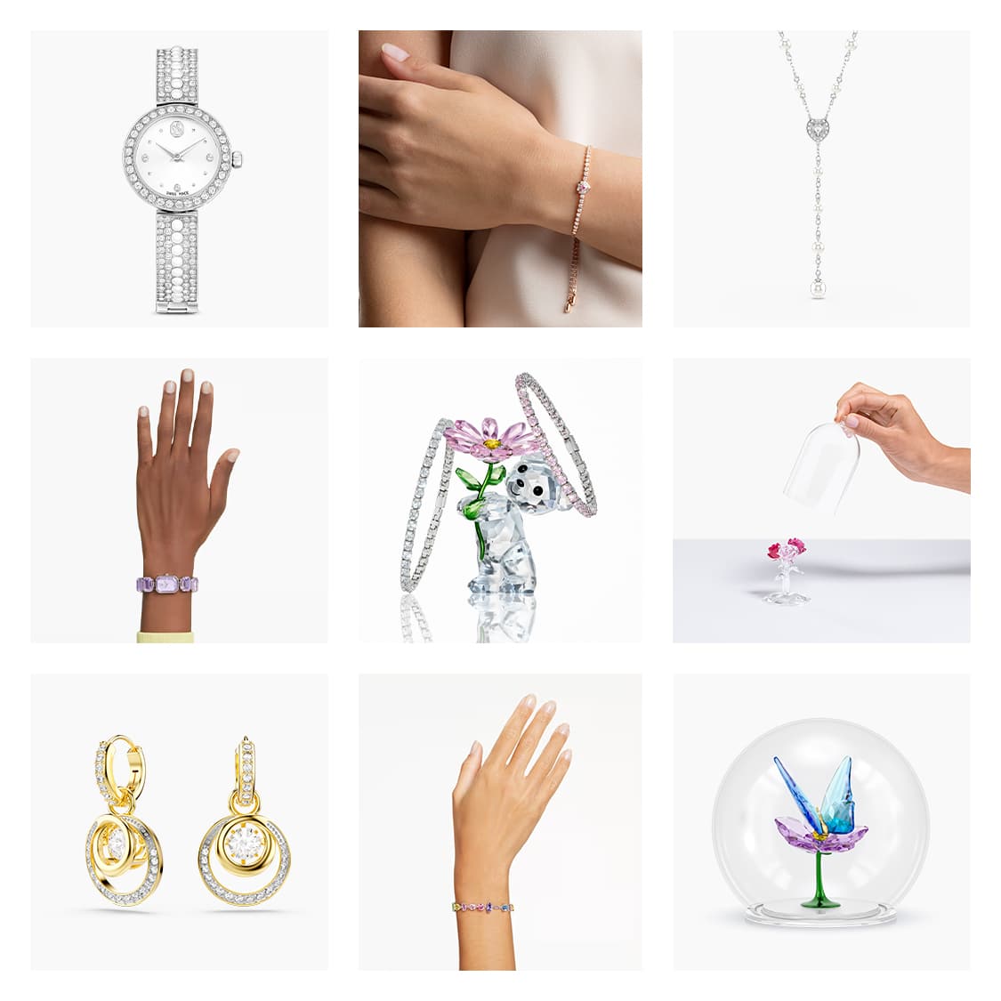 Image grid featuring Swarovski jewelry and home décor