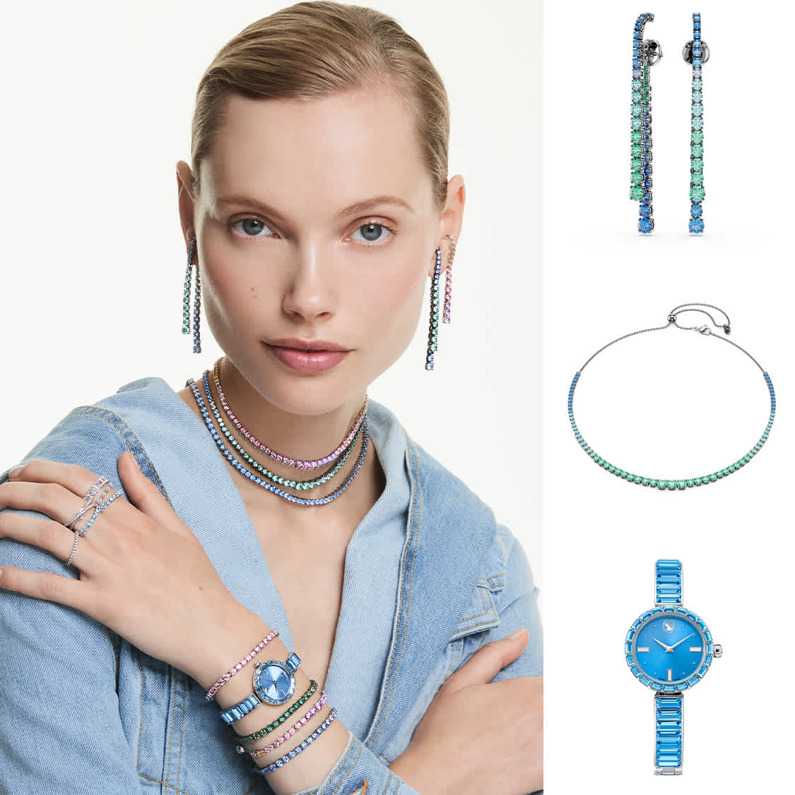 Modelka w biżuterii Swarovski w niebieskich odcieniach