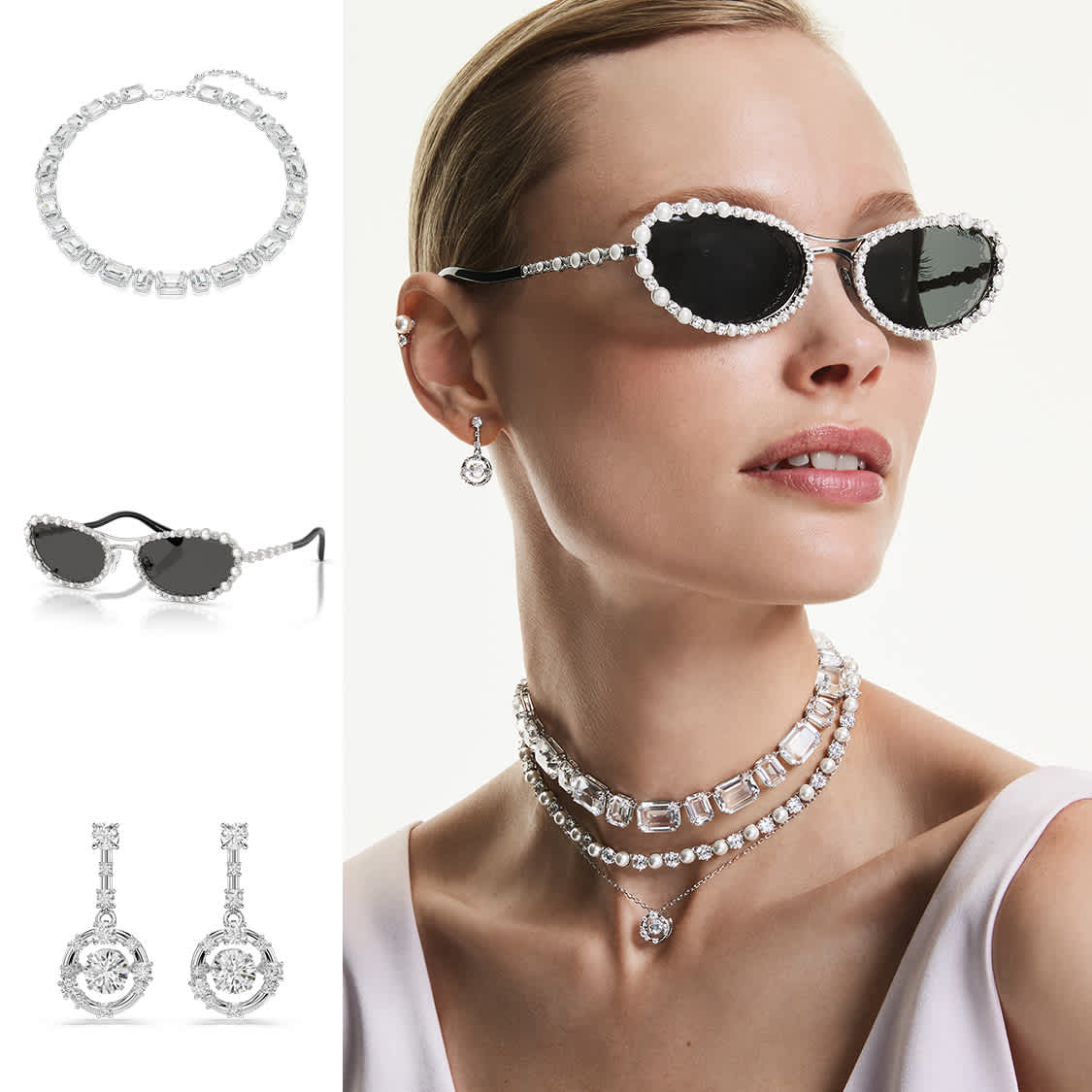 Modelka w biżuterii i okularach przeciwsłonecznych Swarovski