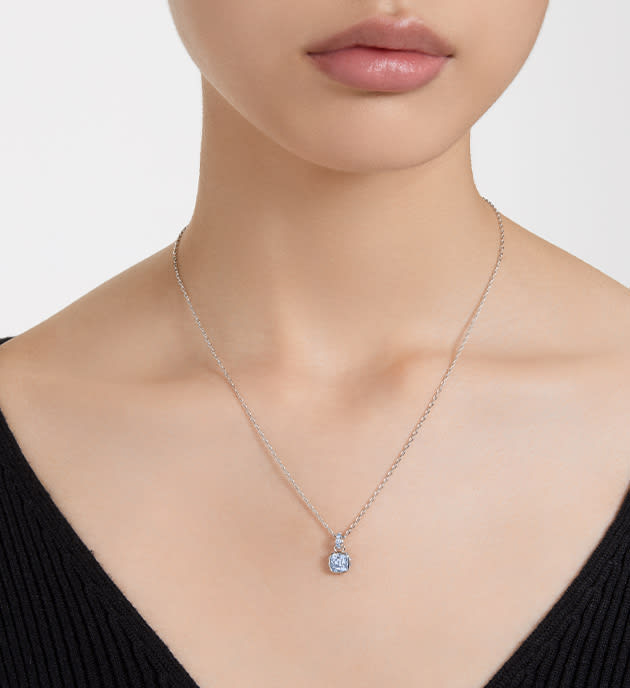 Přívěsek Birthstone, čtvercový výbrus, březen, modrá, pokoveno rhodiem