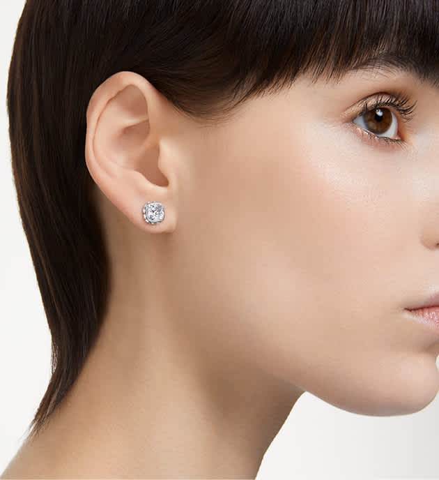 Peckové náušnice Birthstone, čtvercový výbrus, duben, bílá, pokoveno rhodiem