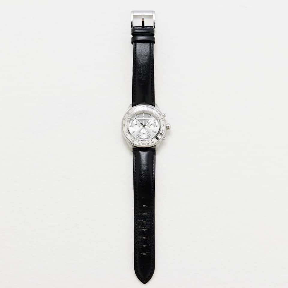 Dextera tachymetre watch, Swiss Made, Leather strap, Silver tone