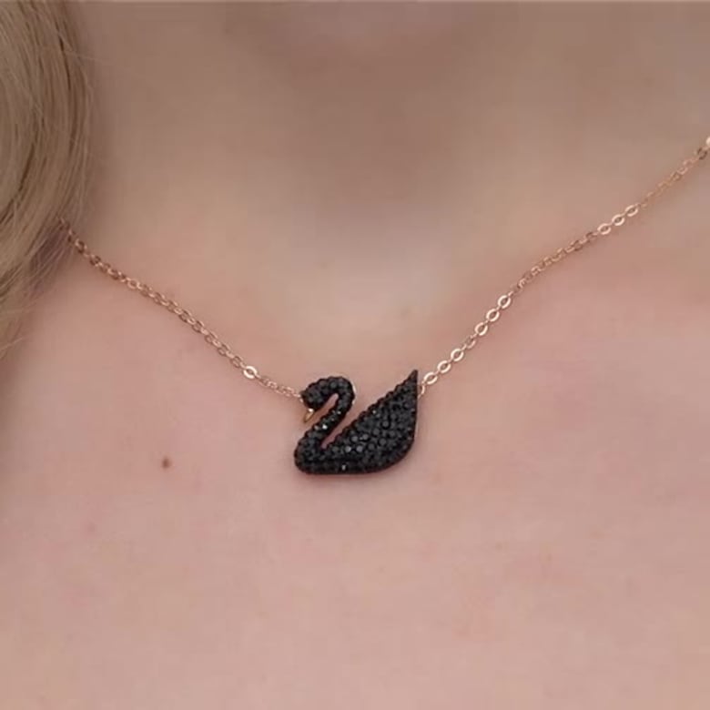 Swan pendant, Swan, Black, Rose gold-tone plated | Swarovski