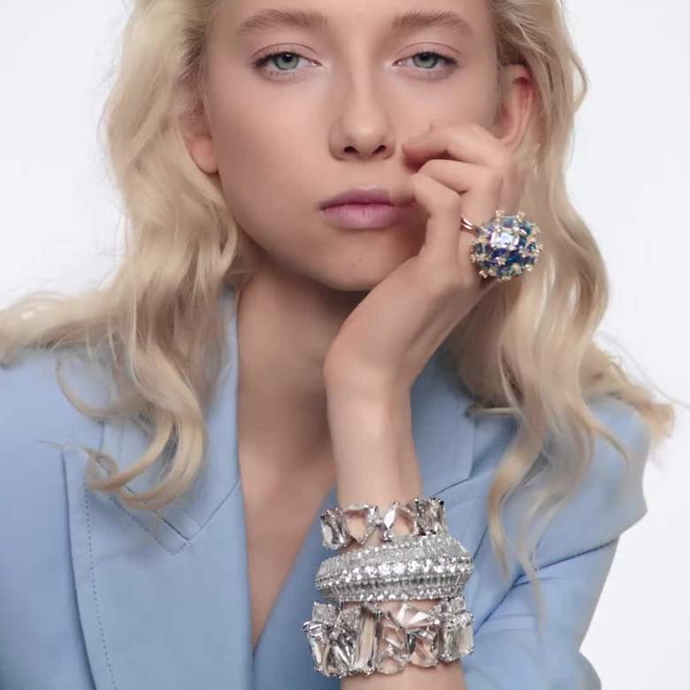 Hyperbola cuff, Mixed cuts, White, Rhodium plated | Swarovski