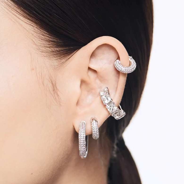 Dextera hoop earrings, Small, White, Rhodium plated | Swarovski