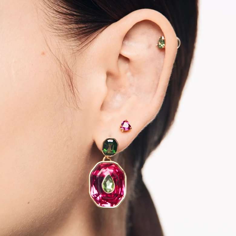 Chroma stud earrings, Pear cut, Green, Gold-tone plated | Swarovski