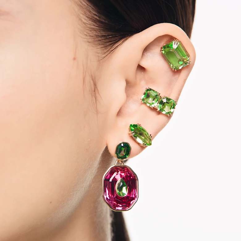 Millenia clip earrings, Square cut, Green, Gold-tone plated