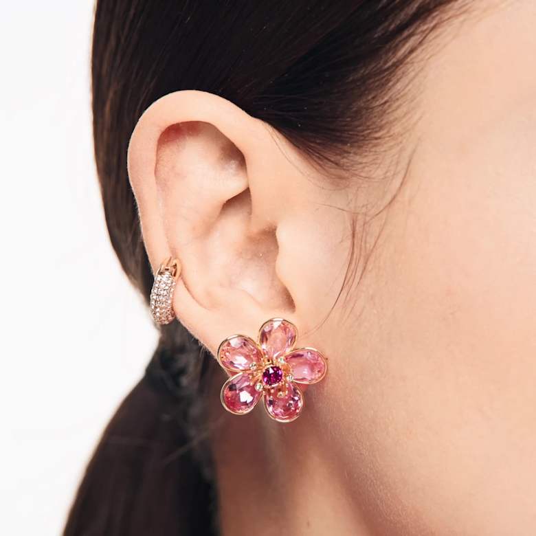 Florere stud earrings, Flower, Pink, Gold-tone plated | Swarovski