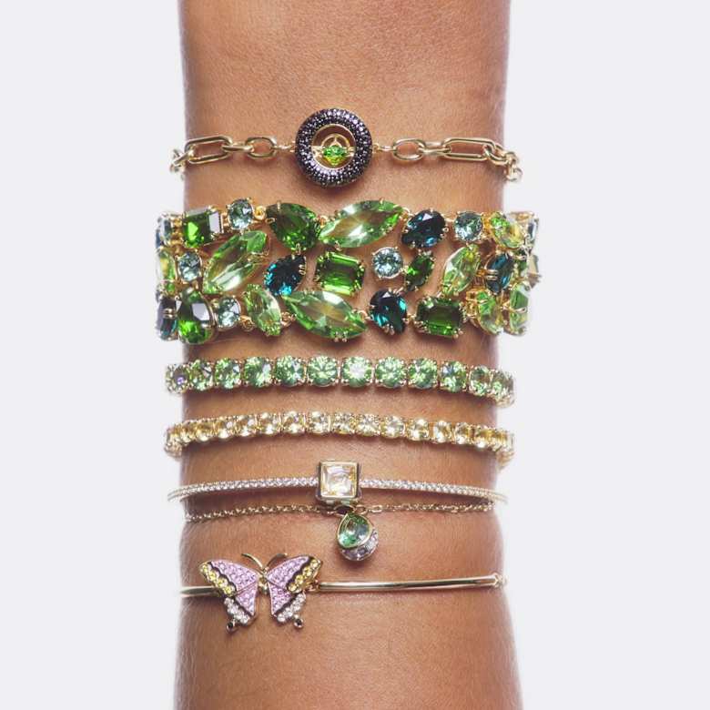 Matrix Tennis bracelet, Round cut, Green, 18K gold finish | Swarovski